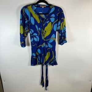 Mara Hoffman Silk Blue Green Abstract Print V Neck Tie Waist Mini Dress Size S